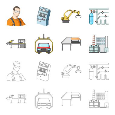 Otomotiv Sanayi ve diğer web simgesi karikatür, anahat stili. Yeni teknolojileri simgeler kümesi koleksiyonu.