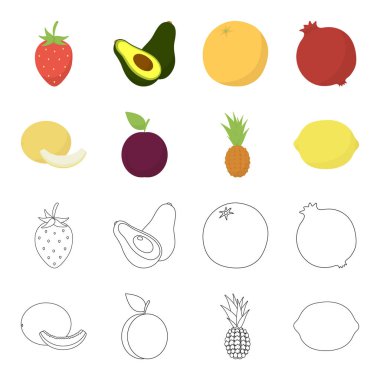 Karpuz, Erik, ananas, limon. Meyve toplama simgeler çizgi film, anahat stili vektör simge stok çizim web ayarla..