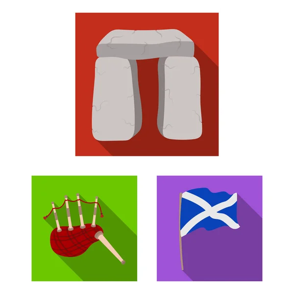 Land Schottland flache Symbole in Set-Kollektion für Design. Sightseeing, Kultur und Tradition Vektor Symbol Stock Web Illustration. — Stockvektor