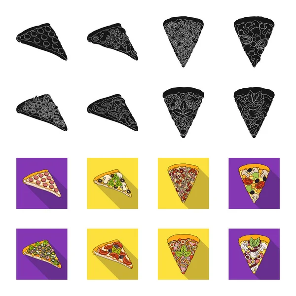 Ένα κομμάτι πίτσα με διαφορετικά συστατικά. Πίτσα διαφορετική συλλογή εικόνες που σε μαύρο, flet στυλ διάνυσμα σύμβολο μετοχής εικονογράφηση web. — Διανυσματικό Αρχείο