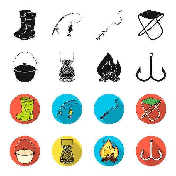 Fang, Haken, Netz, caster.fishing set Sammlung Symbole in schwarz, flet Stil Vektor Symbol Stock Illustration Web. — Stockvektor