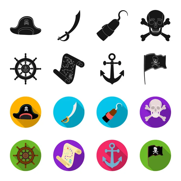 Pirata, bandido, timón, bandera .Pirates conjunto de iconos de colección en negro, flet estilo vector símbolo stock ilustración web . — Vector de stock