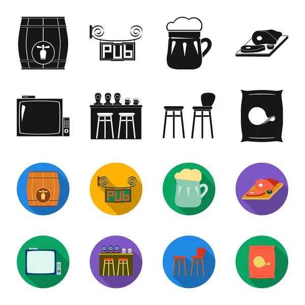 TV, comptoir de bar, chaises et fauteuils, pommes de terre chips.Pub set collection icônes en noir, flet style vectoriel symbole illustration web . — Image vectorielle