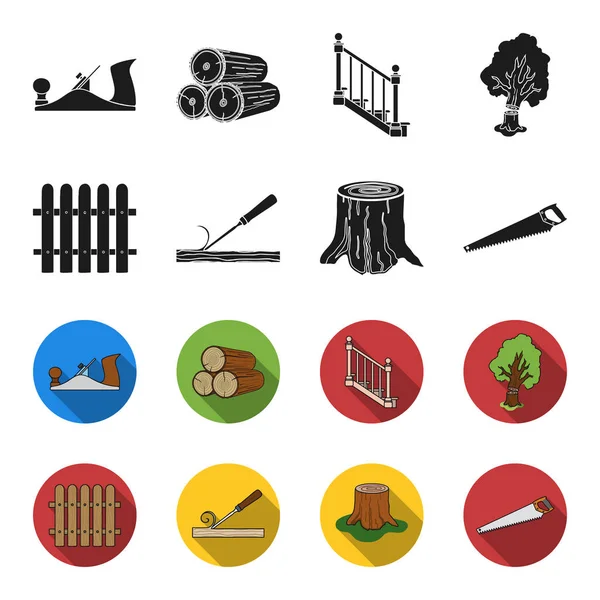 Cerca, cincel, muñón, sierra para madera. Iconos de colección de conjuntos de madera y madera en negro, flet estilo vector símbolo stock ilustración web . — Vector de stock