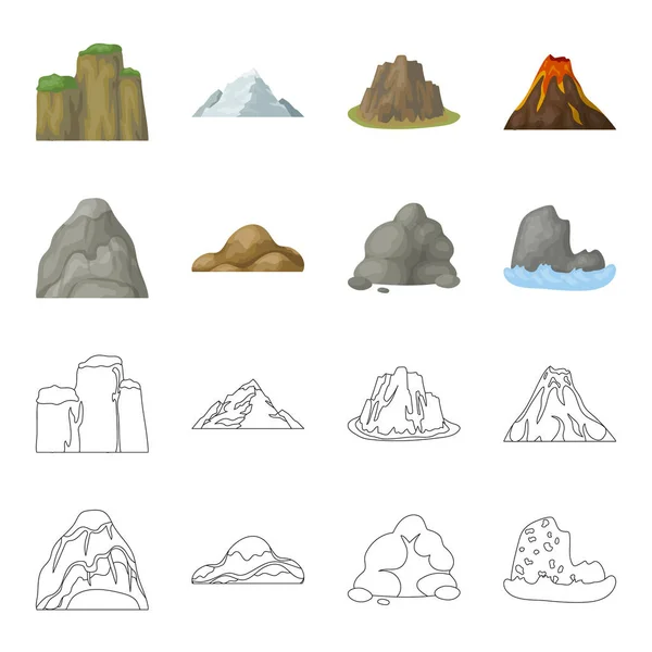 Боулдеры, округлые горы, скалы в море. Различные горы устанавливают иконки коллекции в мультфильме, очертания стиля векторных символов иконок иконок . — стоковый вектор