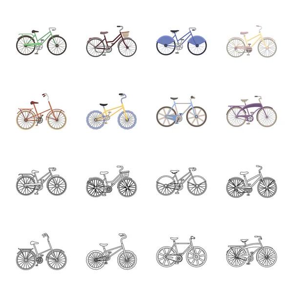 Barn cykel och andra typer. Olika cyklar som samling ikoner i tecknad, disposition stil vektor symbol stock illustration web. — Stock vektor
