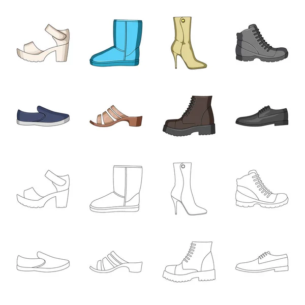 Un conjunto de iconos en una variedad de zapatos.Diferentes zapatos icono único en la historieta, contorno estilo vector web símbolo stock illustration . — Archivo Imágenes Vectoriales