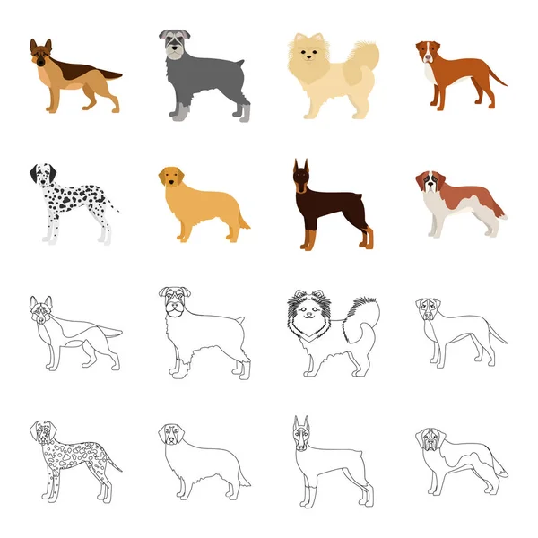 Raças de cães desenhos animados, ícones de contorno na coleção de conjuntos para design. . —  Vetores de Stock