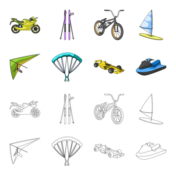 Hang glider, parachute, racing car, water scooter.Extreme sport set collection icons in cartoon,outline style vector symbol stock illustration web. — Stock Vector