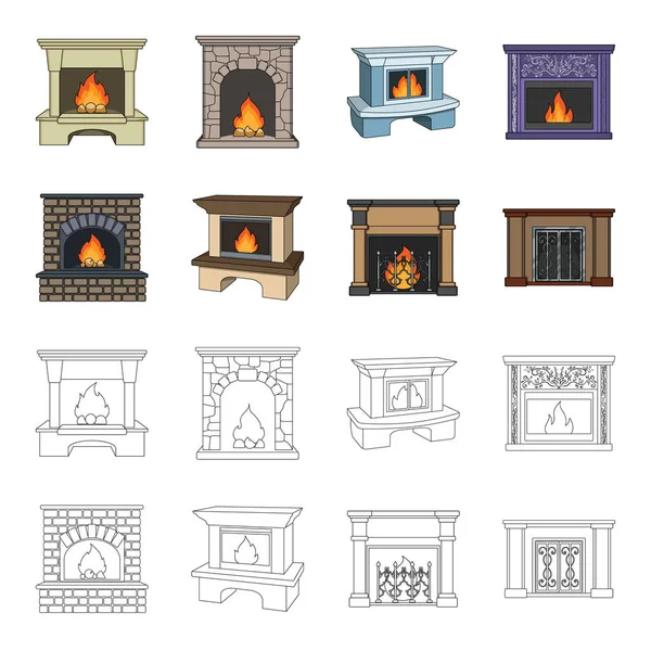 火、暖かさと快適さ。暖炉はアウトライン スタイルのベクトル シンボル ストック イラスト web 漫画のコレクションのアイコンを設定. — ストックベクタ