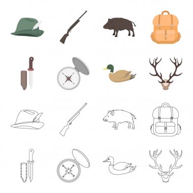 Bıçak bir kapak, bir ördek, bir geyik boynuzu, bir kapak ile bir pusula ile. Avcılık toplama simgeler çizgi film, anahat stili vektör simge stok çizim web ayarla..