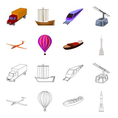 Bir dron, bir planör, bir balon, bir ulaşım mavna, bir uzay roketi taşıma modları. Çizgi film, anahat stili vektör simge stok çizim web simgeler taşıma kümesi.