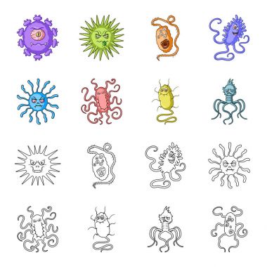 Mikrop ve virüs farklı türleri. Virüs ve bakteriler çizgi film, anahat stili vektör simge stok çizim web simgeler ayarla.