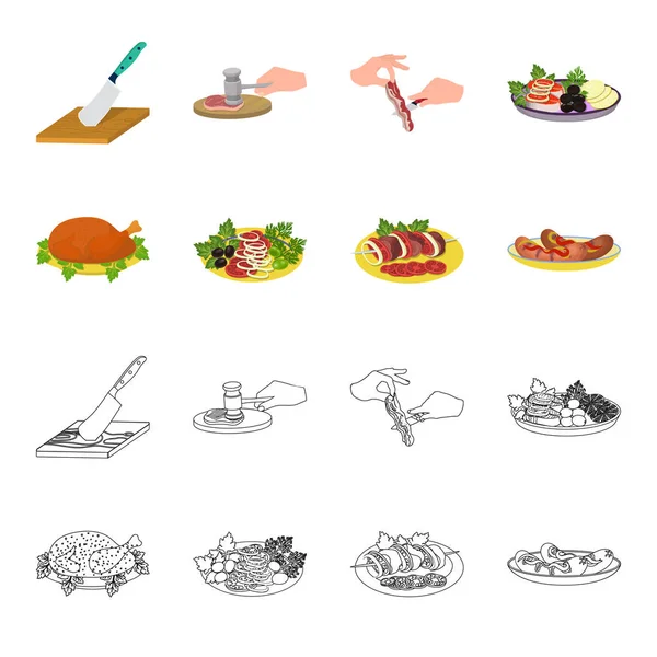 Pollo frito, ensalada de verduras, shish kebab con verduras, salchichas fritas en un plato. Comida y cocina conjunto colección iconos en dibujos animados, contorno estilo vector símbolo stock ilustración web . — Vector de stock