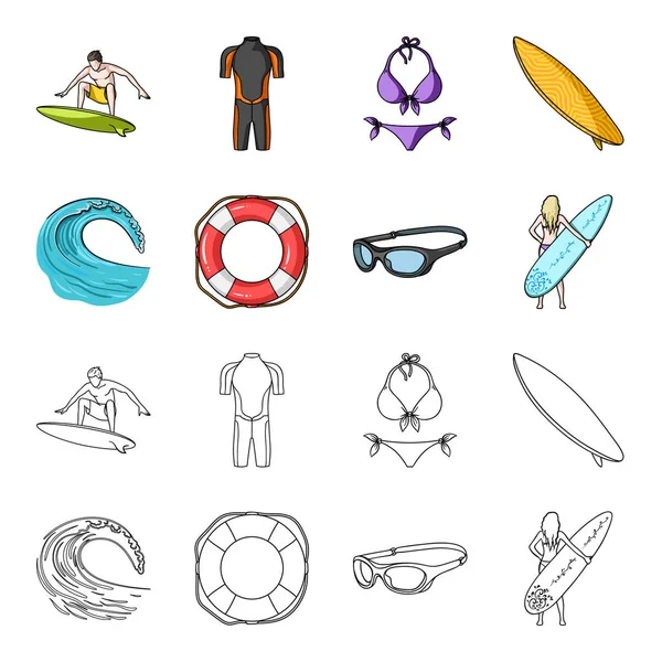 Oncoming wave, life ring, goggles, girl surfing. Surfing set collection icons in cartoon,outline style vector symbol stock illustration web. — Stock Vector