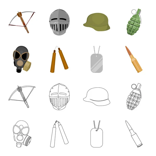 Máscara de gas, nunchak, munición, token de soldado. Armas conjunto colección iconos en dibujos animados, contorno estilo vector símbolo stock ilustración web . — Vector de stock