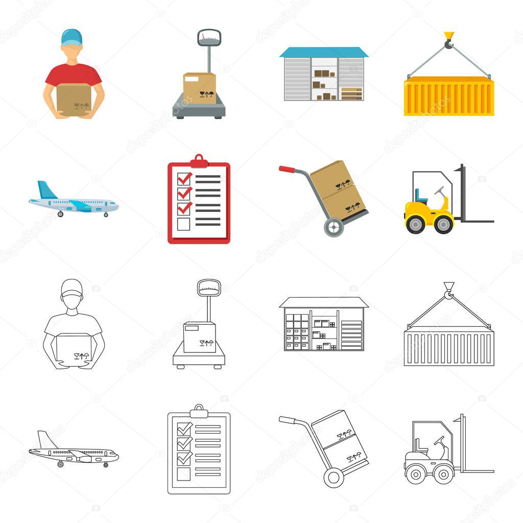 Cargo plane, cart for transportation, boxes, forklift, documents.Logistic,set collection icons in cartoon,outline style vector symbol stock illustration web.