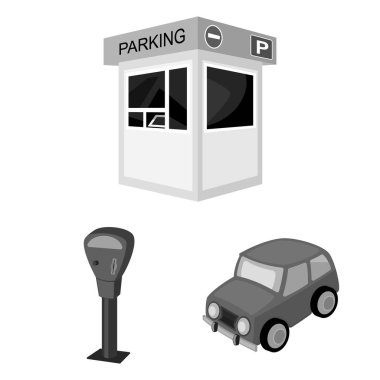 Set koleksiyonu tasarım için arabalar tek renkli simgeler için otopark. Ekipman ve hizmet vektör simgesi web illüstrasyon stok.