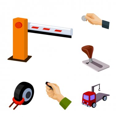 Set koleksiyonu tasarım için araba karikatür simgeleri için park yeri. Ekipman ve hizmet vektör simgesi web illüstrasyon stok.