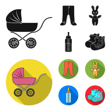 Bebek arabası, şişe bir emzik, oyuncak, sürgü ile. Siyah, düz stil vektör simge stok çizim web bebek d. küme koleksiyon simgeler.
