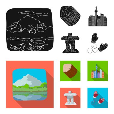 Göller, dağlar, Si-tr kule ve diğer sembollerin Canada.Canada toplama simgeler siyah, düz stil vektör simge stok çizim web ayarla.