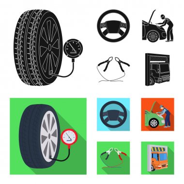 Motor ayarı, direksiyon simidi, kelepçe ve tekerlek siyah, düz simgeler set koleksiyonu tasarım için. Araba bakım istasyonu vektör simge stok çizim web.