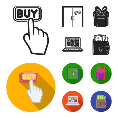 El, tıklayın, Asansör, Hediyelik, kutusu, kapı, online mağaza ve diğer ekipmanlar. E ticaret toplama simgeler siyah, düz stil vektör simge stok çizim web içinde ayarla..