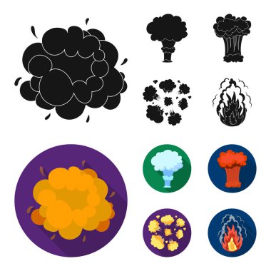 Alevi, kıvılcım, hidrojen parçaları, atom veya gaz patlaması. Patlamalar toplama simgeler siyah, düz stil vektör simge stok çizim web içinde ayarla..