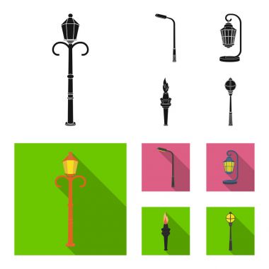 Retro tarzı, modern fener, meşale ve diğer tip-in sokak sokak lâmbası direği. Elektrik direği toplama simgeler siyah, düz stil vektör simge stok çizim web içinde ayarla..