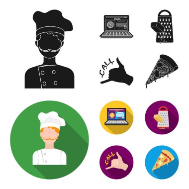 Yemek, telefonla, rendelenmiş peynir, bir yüz jest sipariş sipariş. Pizza ve pizza toplama simgeler siyah, düz stil vektör simge stok çizim web ayarla.