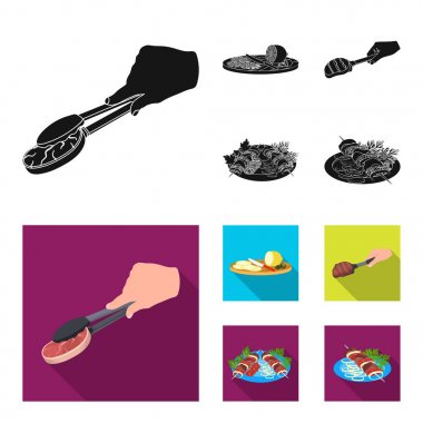 Biftek, bir kepçe, limon dilimleme ve zeytin kızarmış et, şiş kebap bir tabakta sebze ile maşayla. Gıda ve yemek toplama simgeler siyah, düz stil vektör simge stok çizimde ayarla