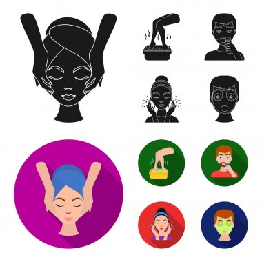 Yüz masajı, Ayak Banyosu, tıraş, yüz yıkama. Cilt Bakımı toplama simgeler siyah, düz stil vektör simge stok çizim web içinde ayarla..