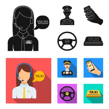 Bir taksi sürücüsü ile bir mikrofon, bir taksi şoförü direksiyonda, bir cep telefonu ile bir sayı, bir araba direksiyon. Taksi toplama simgeler siyah, düz stil vektör simge stok çizim web içinde ayarla..