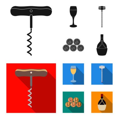 Tirbuşon, alkol sayaç, kasanın bir kadeh beyaz şarap varil. Şarap üretimi toplama simgeler siyah, düz stil vektör simge stok çizim web içinde ayarla..