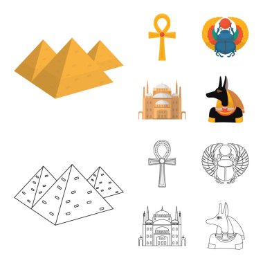 Anubis, Ankh, Cairo citadel, Mısır böceği. Antik Mısır toplama simgeler çizgi film, anahat stili vektör simge stok çizim web ayarla..