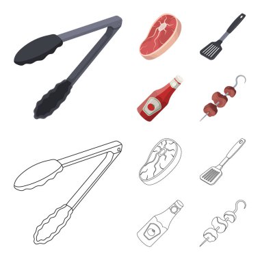 Çiğ et biftek, saplı ızgara, şişe ketçap, şiş kebap. Barbekü toplama simgeler çizgi film, anahat stili vektör simge stok çizim web ayarla..