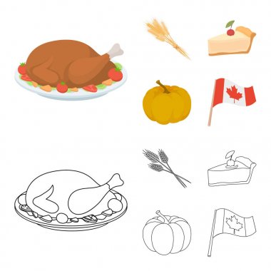 Spike buğday, bir dilim pasta ile kızılcık, kabak, ulusal bayrak. Kanada Şükran günü toplama simgeler çizgi film, anahat stili vektör simge stok çizim web ayarla..