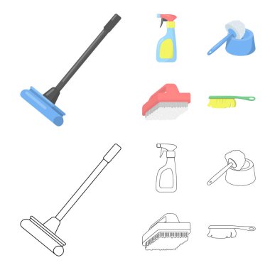 Temizlik ve hizmetçi çizgi film, set koleksiyonu tasarım için anahat simgeleri. Vektör simge stok web illüstrasyon Temizleme için donatım.