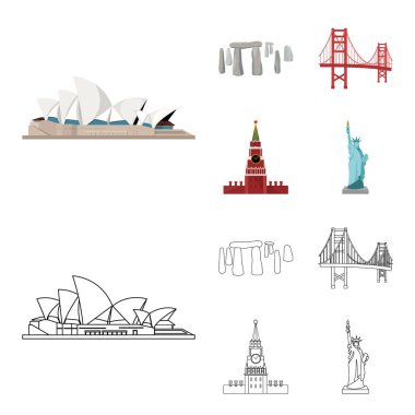 Farklı ülkelerin manzaraları karikatür, set koleksiyonu tasarım için anahat simgeleri. Ünlü bina sembol stok web illüstrasyon vektör.