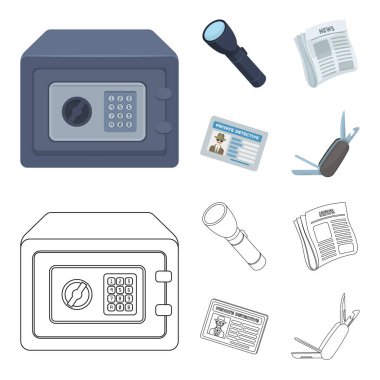 El feneri, gazete haberleri, sertifika, katlama bıçak ile. Dedektif toplama simgeler çizgi film, anahat stili vektör simge stok çizim web ayarla..