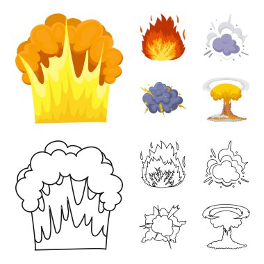 Alevi, kıvılcım, hidrojen parçaları, atom veya gaz patlaması. Patlamalar toplama simgeler çizgi film, anahat stili vektör simge stok çizim web ayarla..