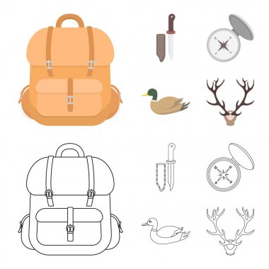 Bıçak bir kapak, bir ördek, bir geyik boynuzu, bir kapak ile bir pusula ile. Avcılık toplama simgeler çizgi film, anahat stili vektör simge stok çizim web ayarla..