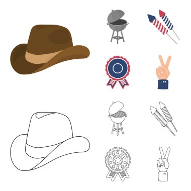 Barbekü, Selam, ebblema, zafer oylama. Vatansever gün çizgi film, anahat stili vektör simge stok çizim web simgeler ayarla.