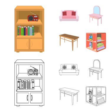 Yumuşak kanepe, tuvalet makyaj tablo, yemek masası, Çamaşırhane ve deterjan için raf. Mobilya ve enteriyör çizgi film, anahat stili izometrik vektör simge stok çizim web simgeler ayarla.