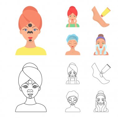Yüz bakımı, estetik, yüz silerek, ayaklara nemlendirici. Cilt Bakımı toplama simgeler çizgi film, anahat stili vektör simge stok çizim web ayarla..