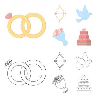 Ok aşk tanrısı, güvercin, buket çiçek, pasta düğün. GSEt toplama simgeler karikatür, anahat stili vektör simge stok çizim web weddin.