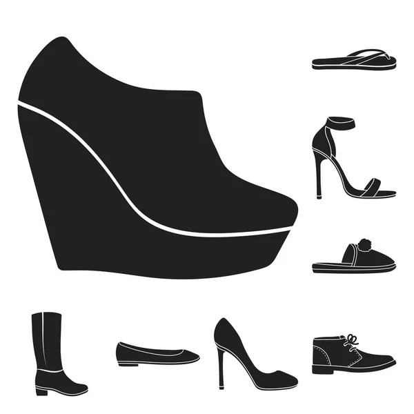 Berbagai ikon sepatu hitam dalam koleksi set untuk desain. Boot, sneakers vector simbol gambar web stok . - Stok Vektor