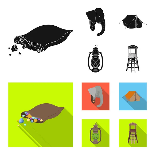 A bag of diamonds, an elephant head, a kerosene lamp, a tent. African safari set collection icons in black, flat style vector symbol stock illustration web. — Stock Vector