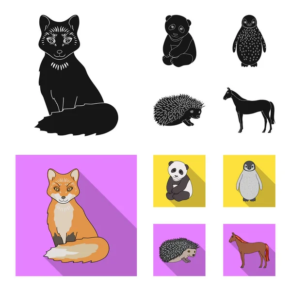 Fox, panda, igelkott, pingvin och andra djur. Djur som samling ikoner i svart, platt stil vektor symbol stock illustration web. — Stock vektor