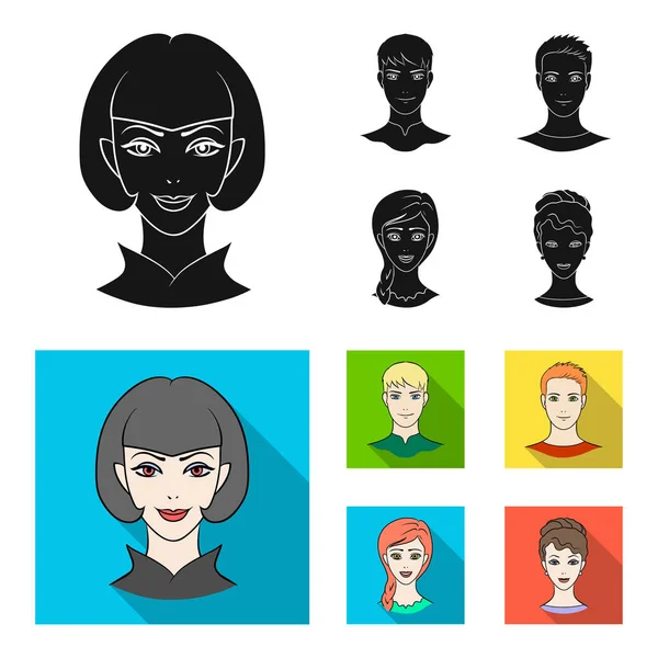 Diferentes miradas de los jóvenes.Avatar y iconos de colección de conjuntos de cara en negro, vector de estilo plano símbolo stock ilustración web . — Vector de stock